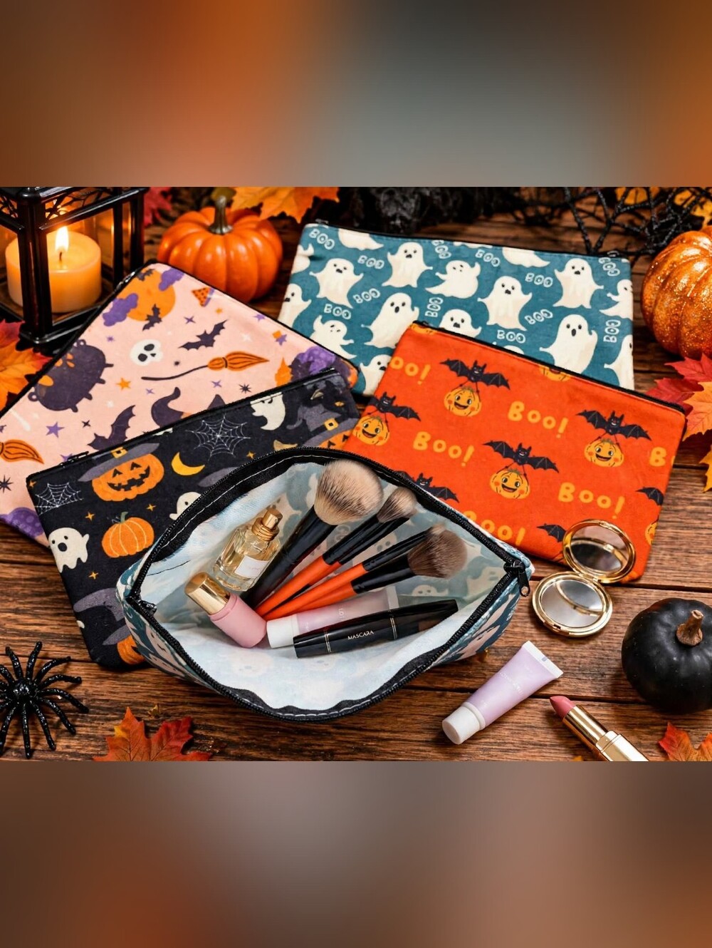Set Of 4 Halloween Makeup Bag Pouch - Orange, Black, Pink Hat/Bat & Teal Ghosts